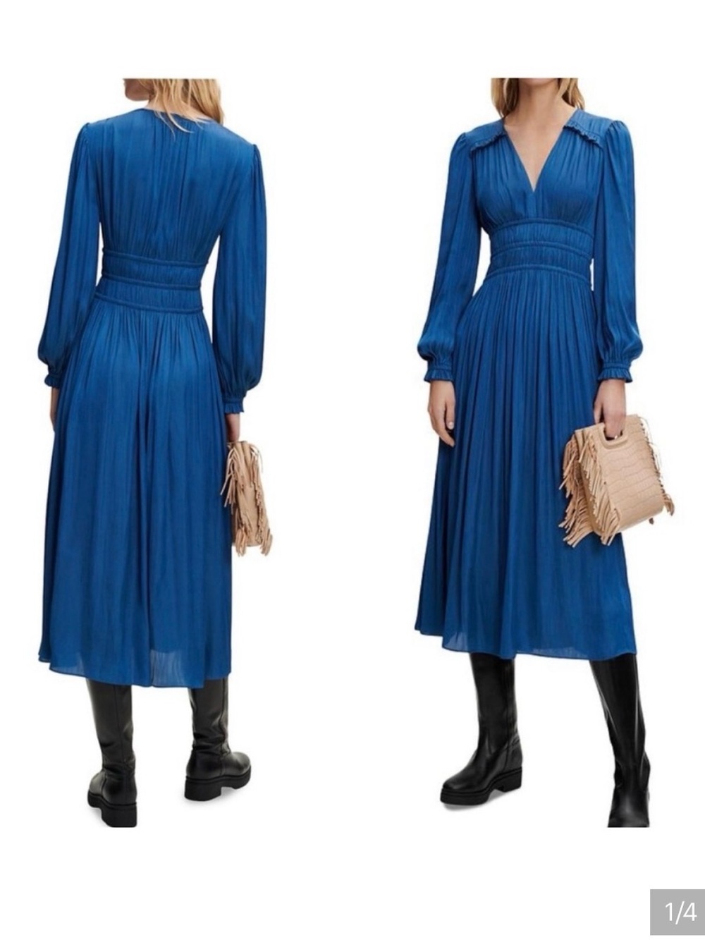 Maje Dark Teal Long-Sleeve V-Neck Midi Dress